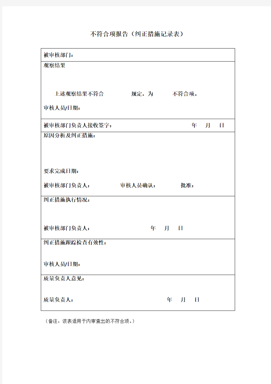 不符合项报告(纠正措施记录表)