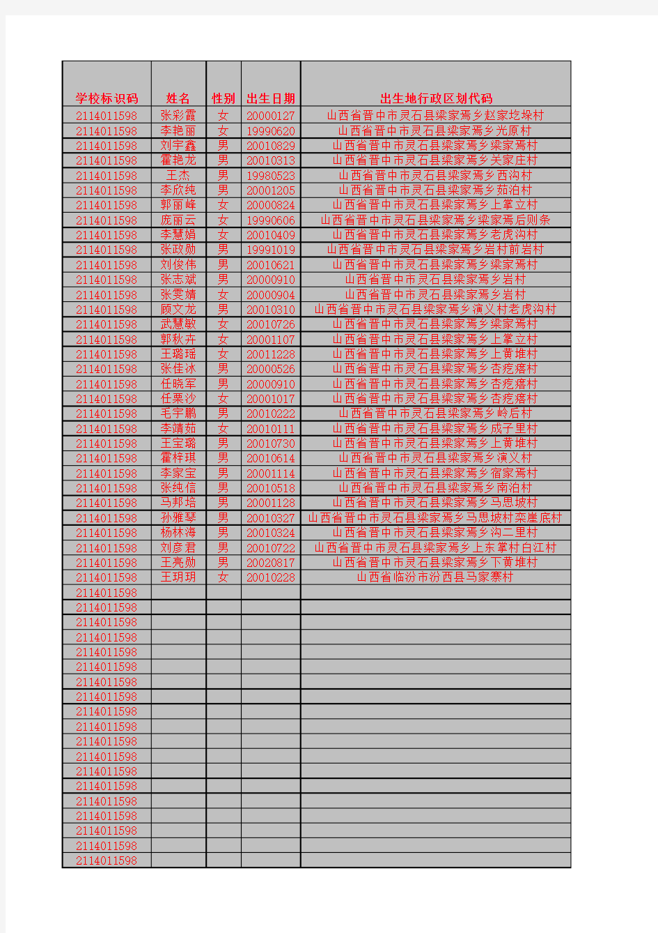 22班  信息表