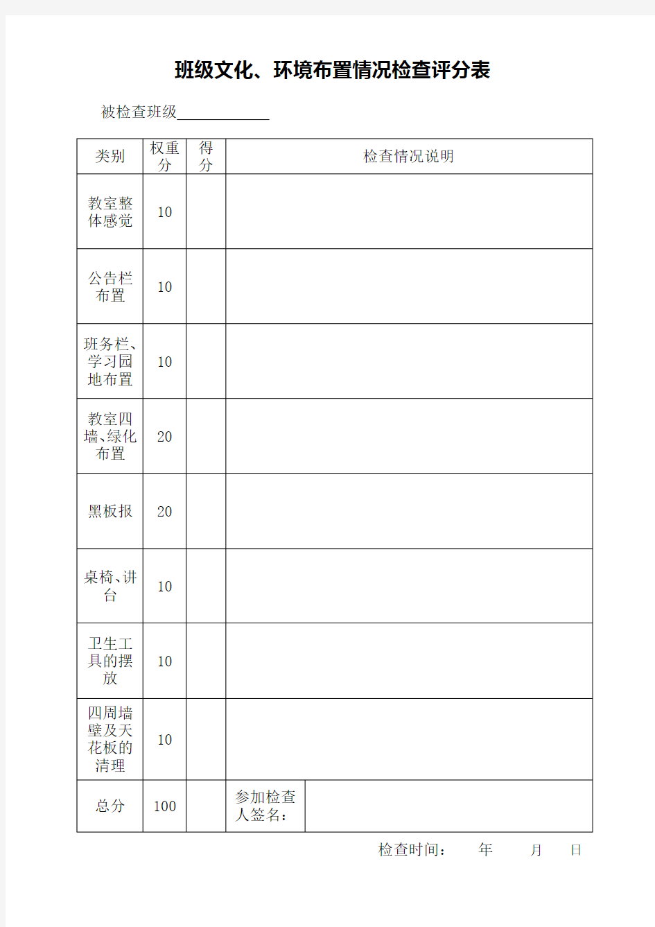 班级文化、布置情况检查评分标准和检查表