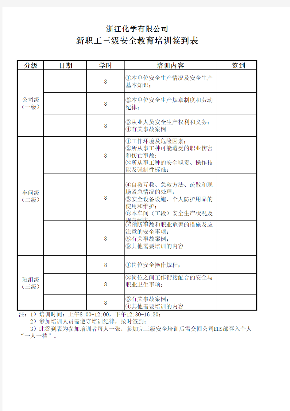 新职工三级安全教育培训签到表