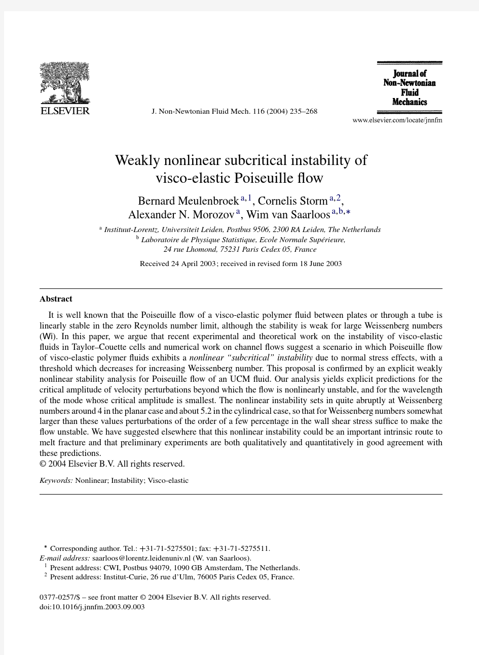 Weakly nonlinear subcritical instability of visco-elastic Poiseuille flow