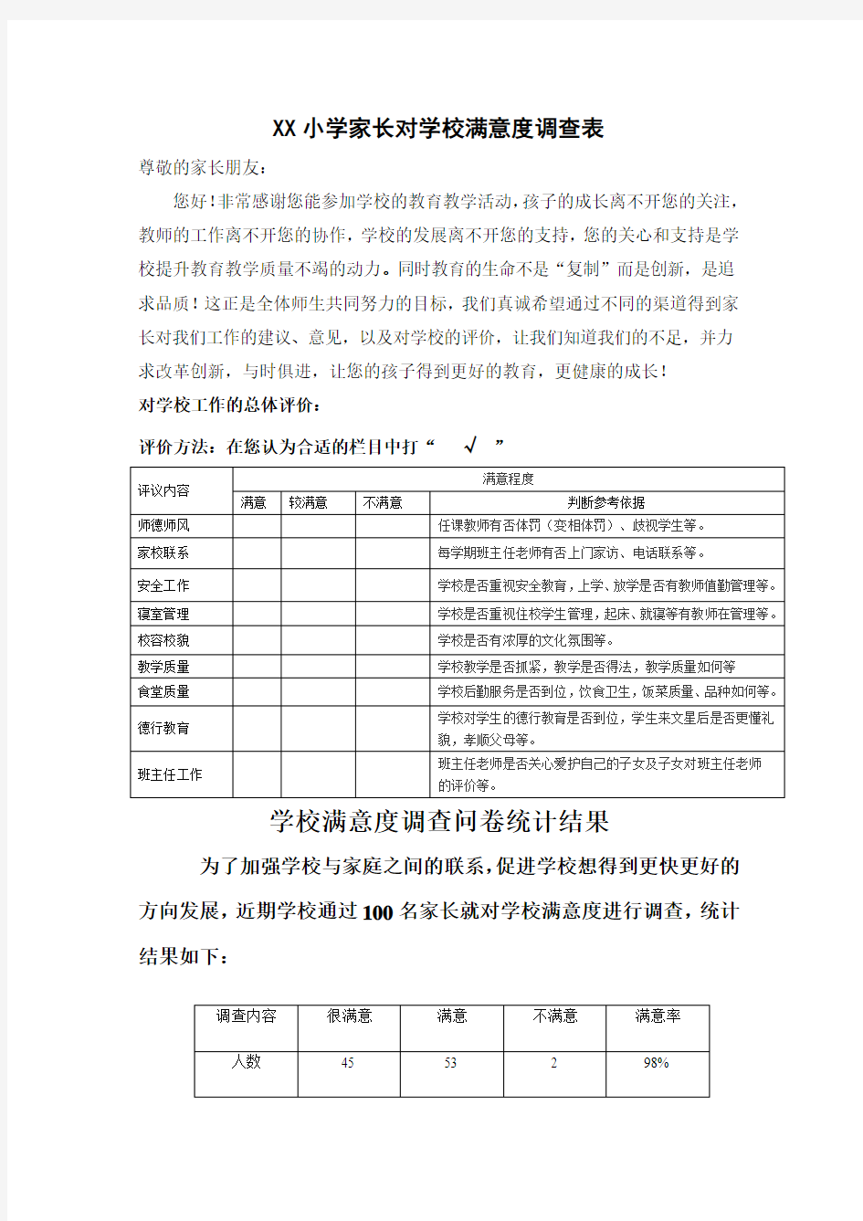 家长对学校满意度调查表