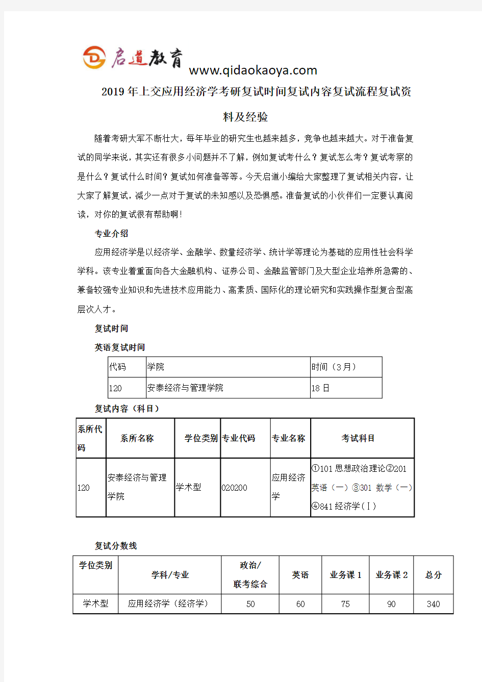 2019年上交应用经济学考研复试时间复试内容复试流程复试资料及经验