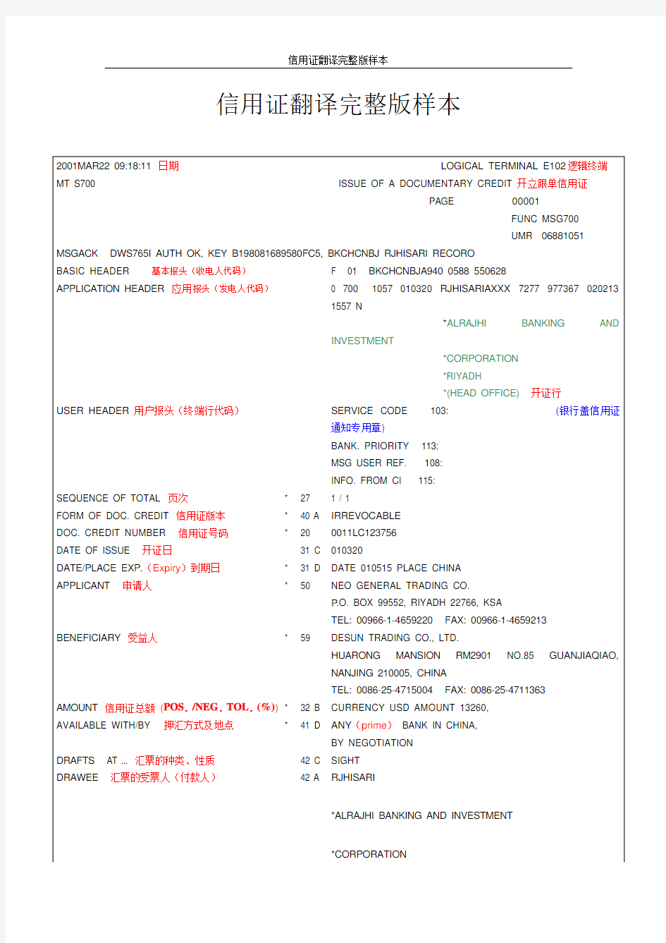 信用证翻译完整版样本