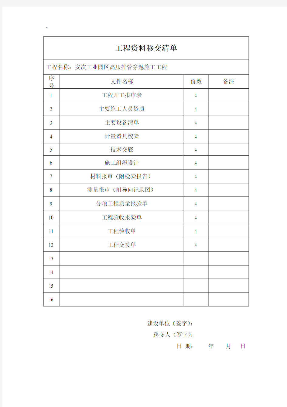 项目工程资料移交清单