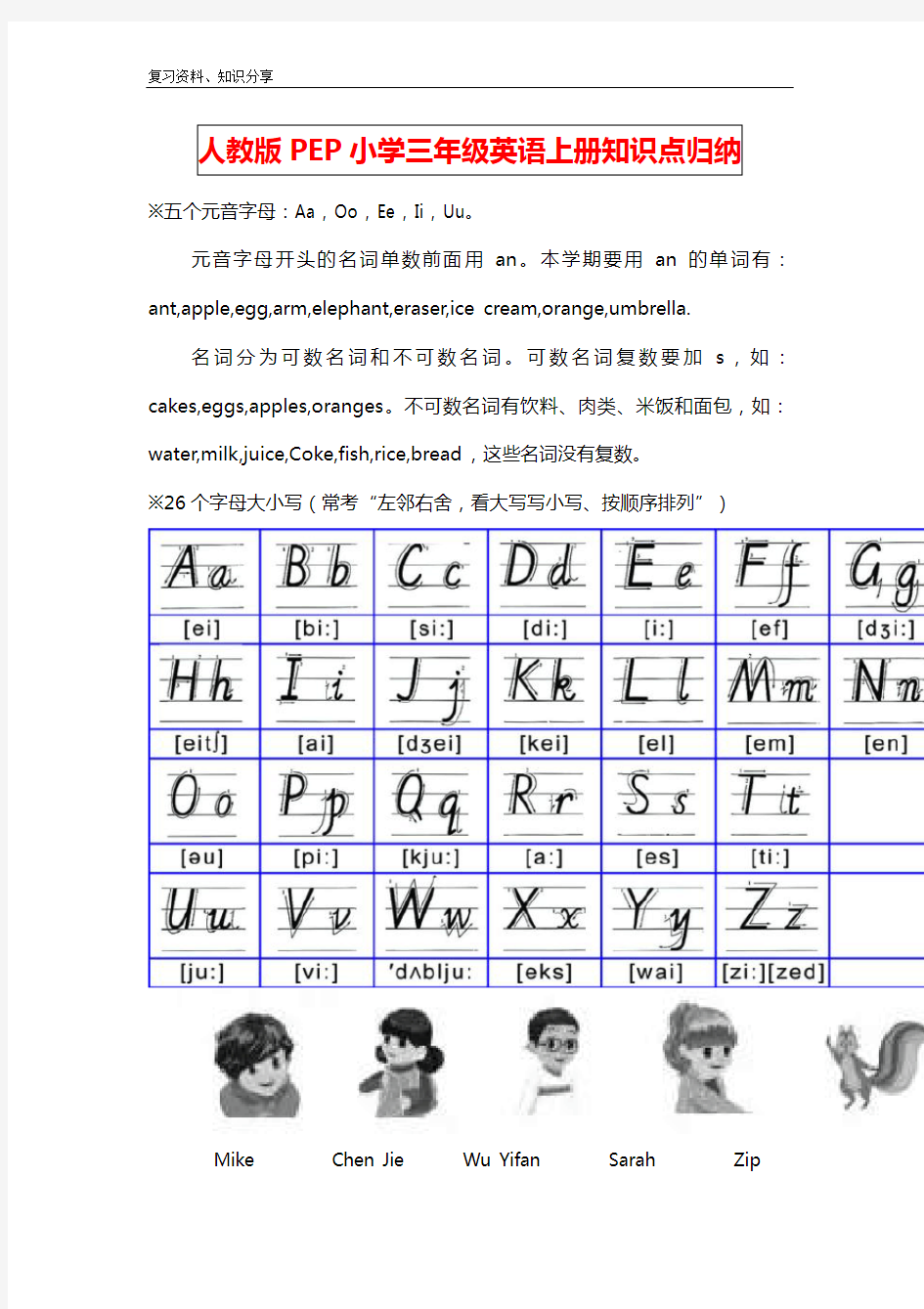 人教版PEP小学三年级英语上册知识点归纳【最新整理】