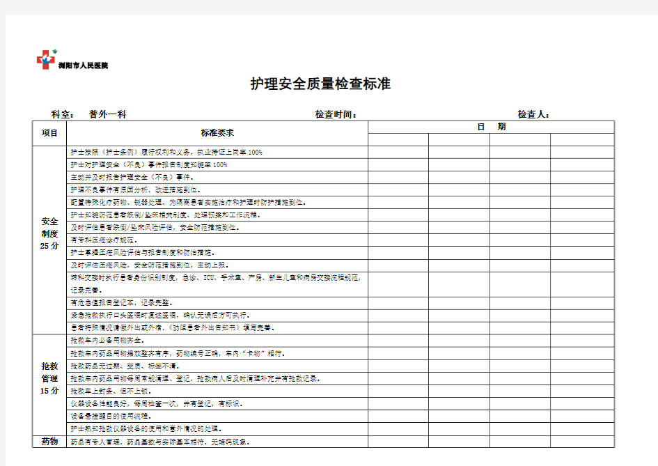 护理安全质量检查标准(2016-10)