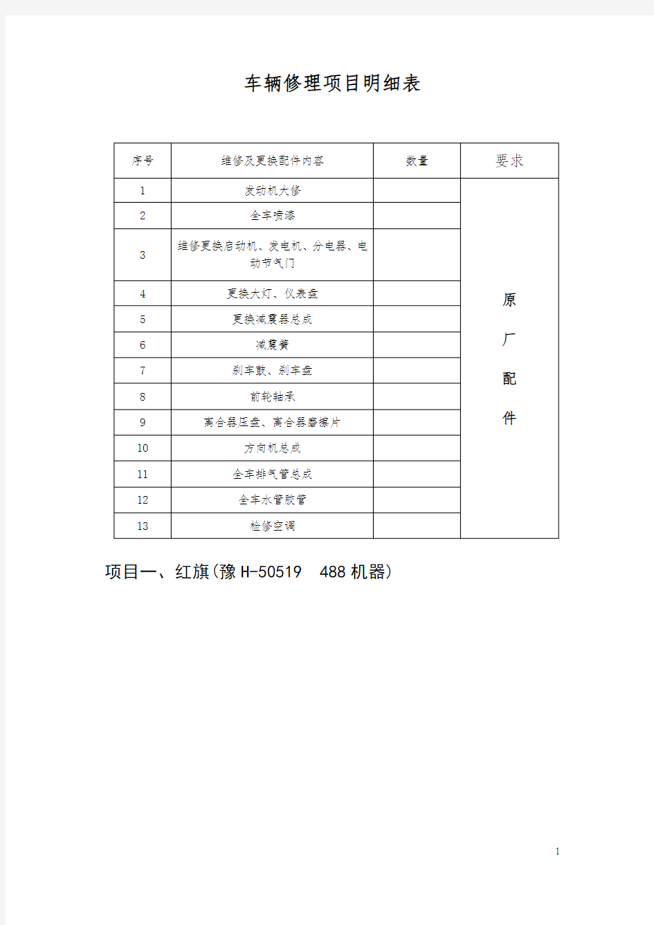 车辆修理方案明细表