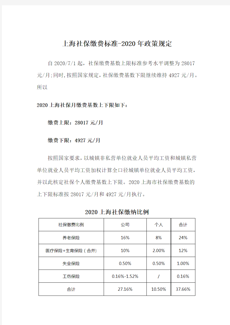 上海社保缴费标准-2020年政策规定