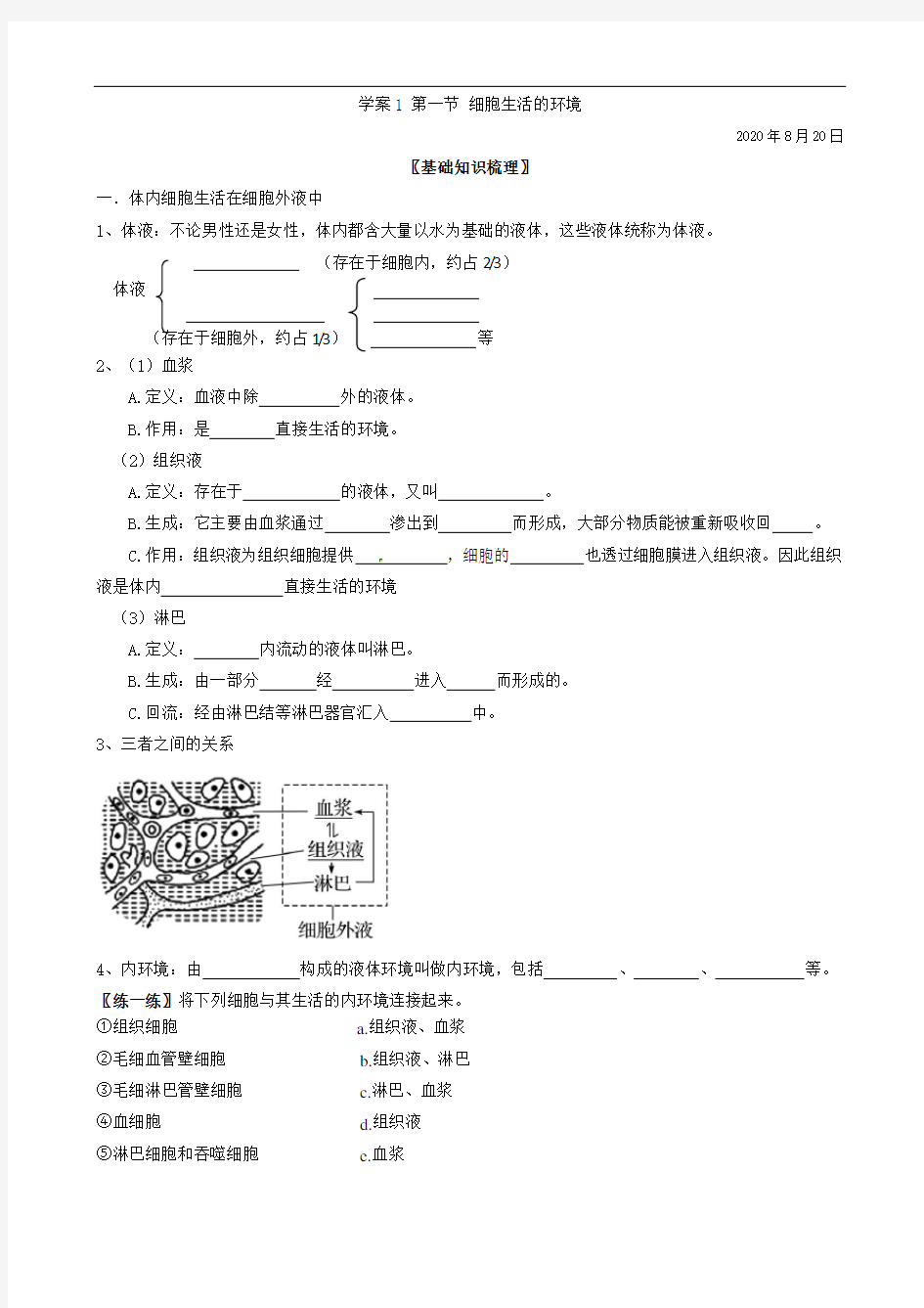 1.1细胞生活的环境 学案 【新教材】人教版(2019)高中生物选择性必修1