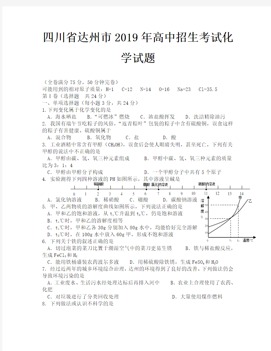 2019年达州市中考化学试题及答案