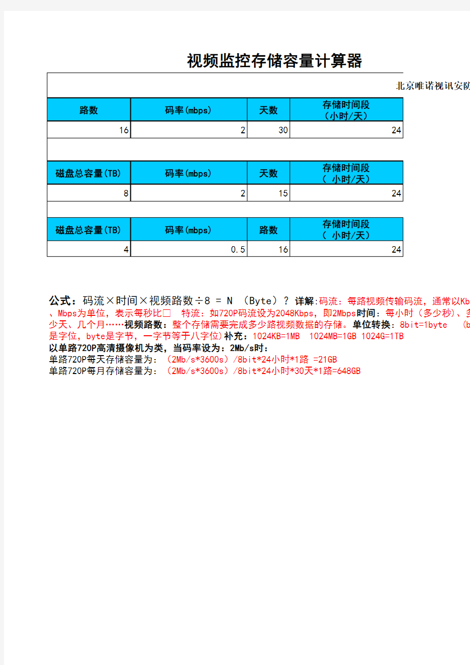 视频监控存储容量计算器