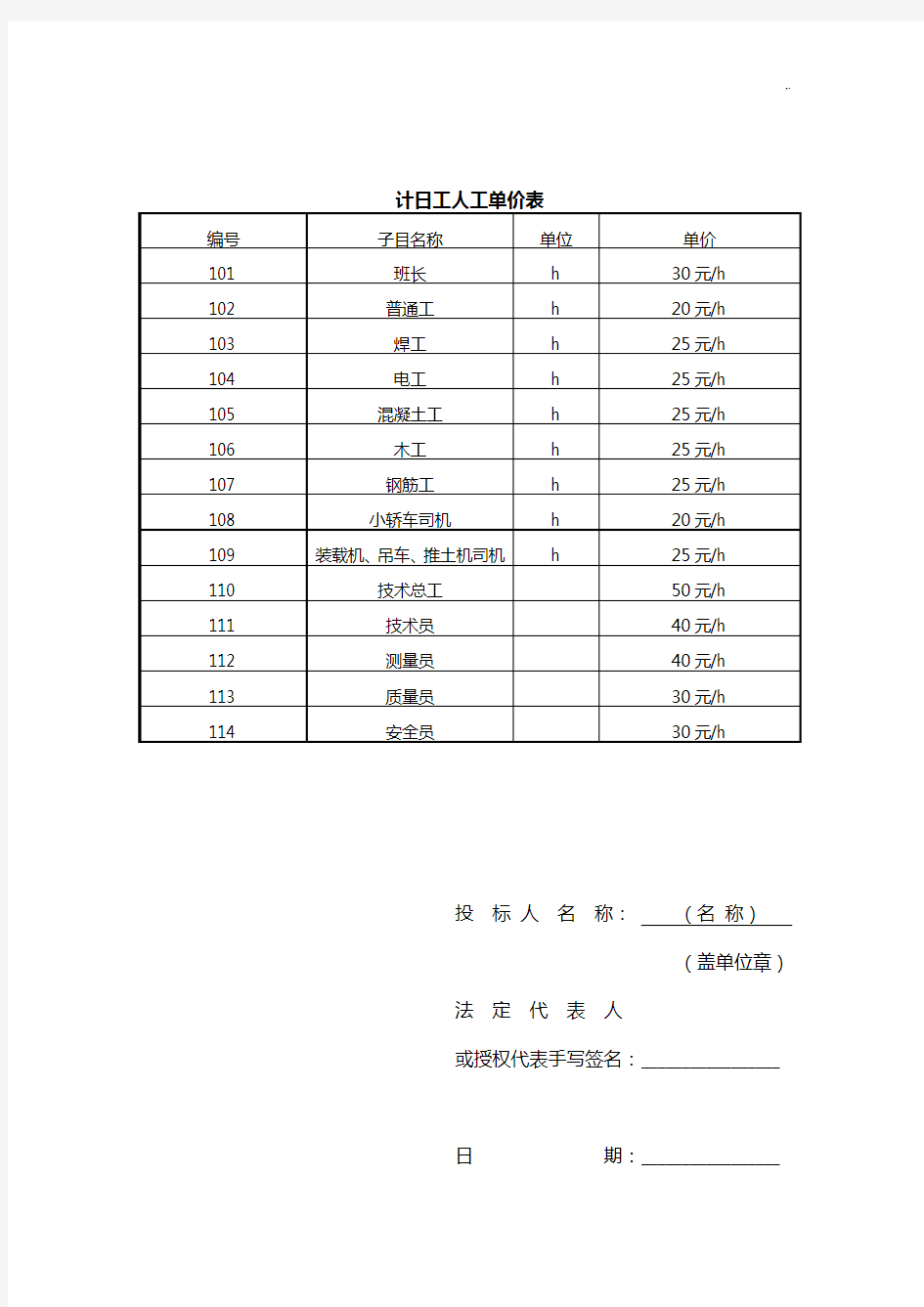 计日工人工单价表