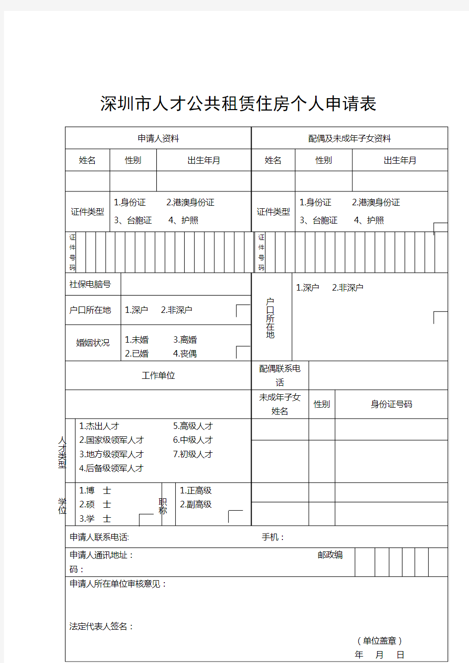 深圳市人才公共租赁住房个人申请表【模板】