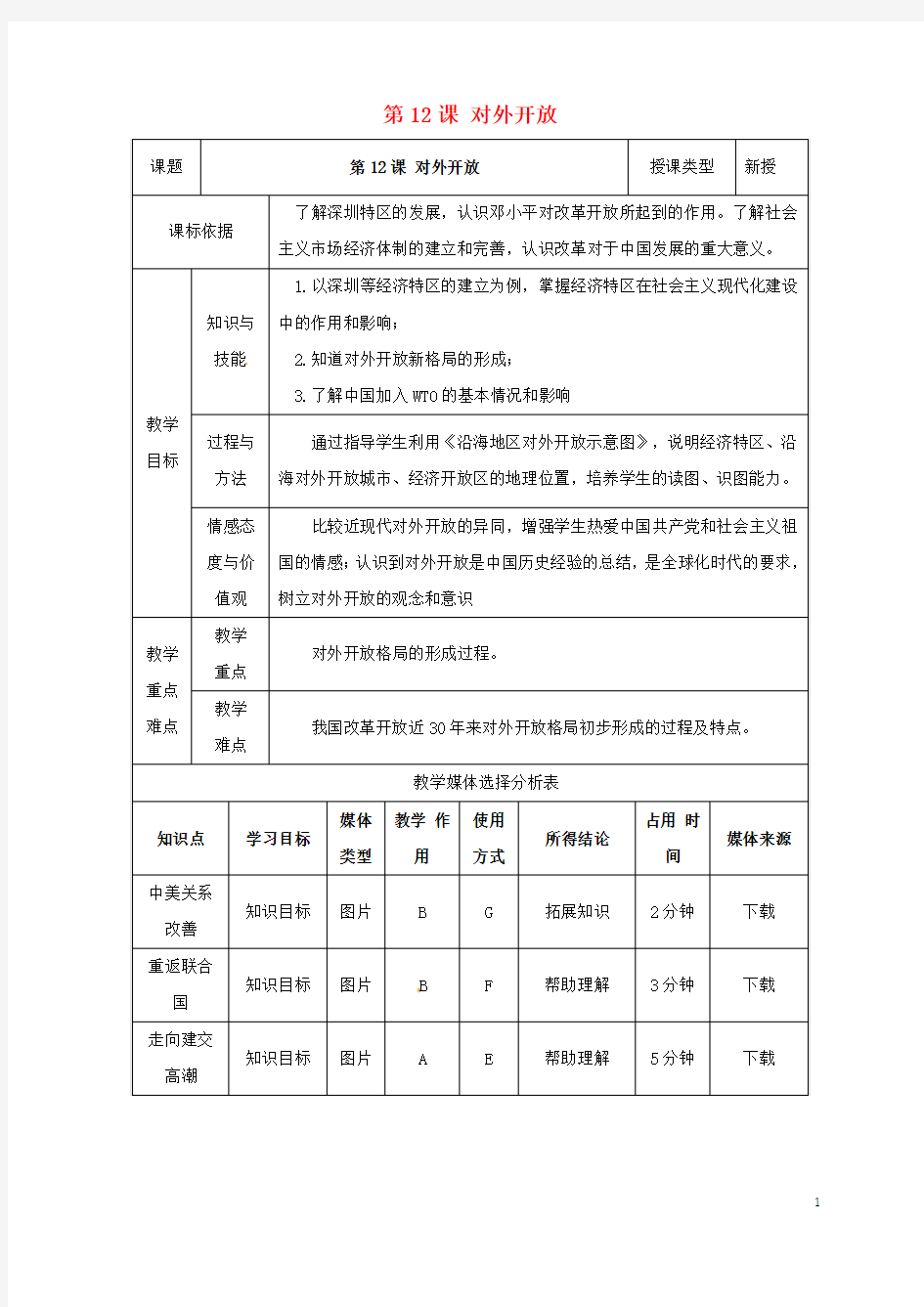 八年级历史下册 第三单元 建设中国特色社会主义 第12课 对外开放教案 北师大版
