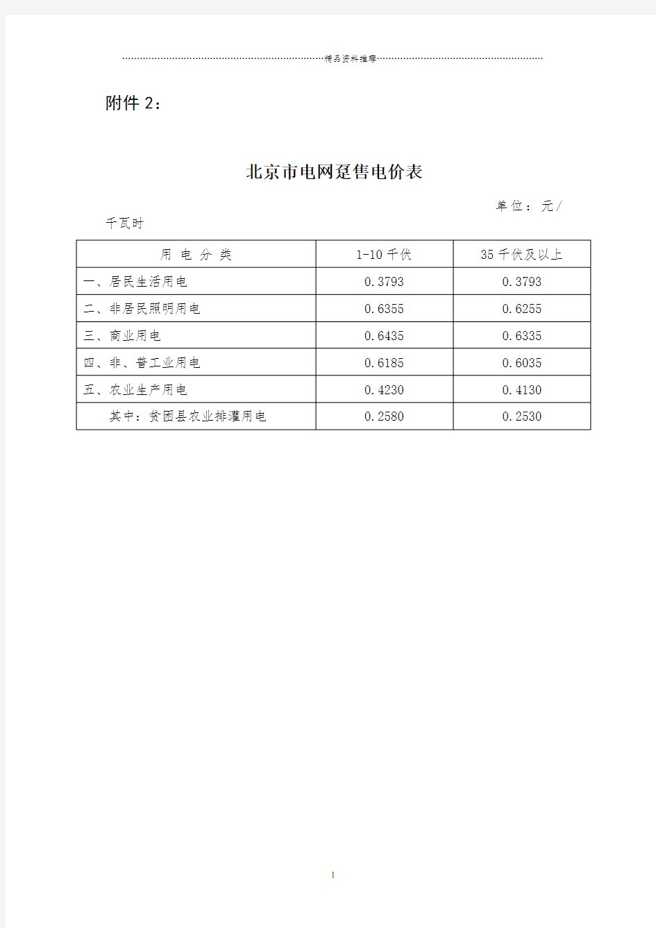 北京地区电价表-北京市发展和改革委员会