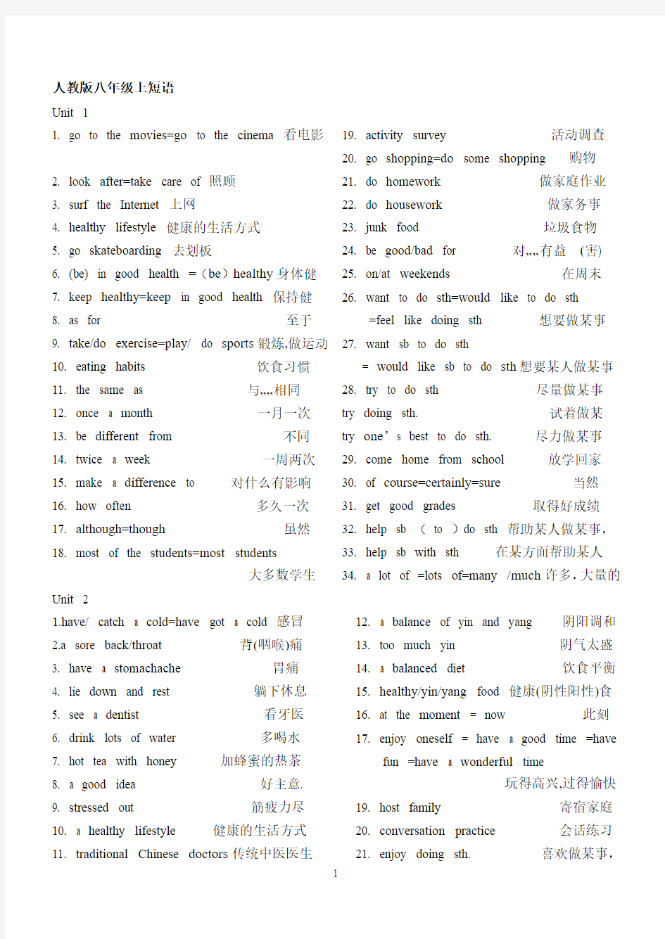 人教版英语八年级上短语大全