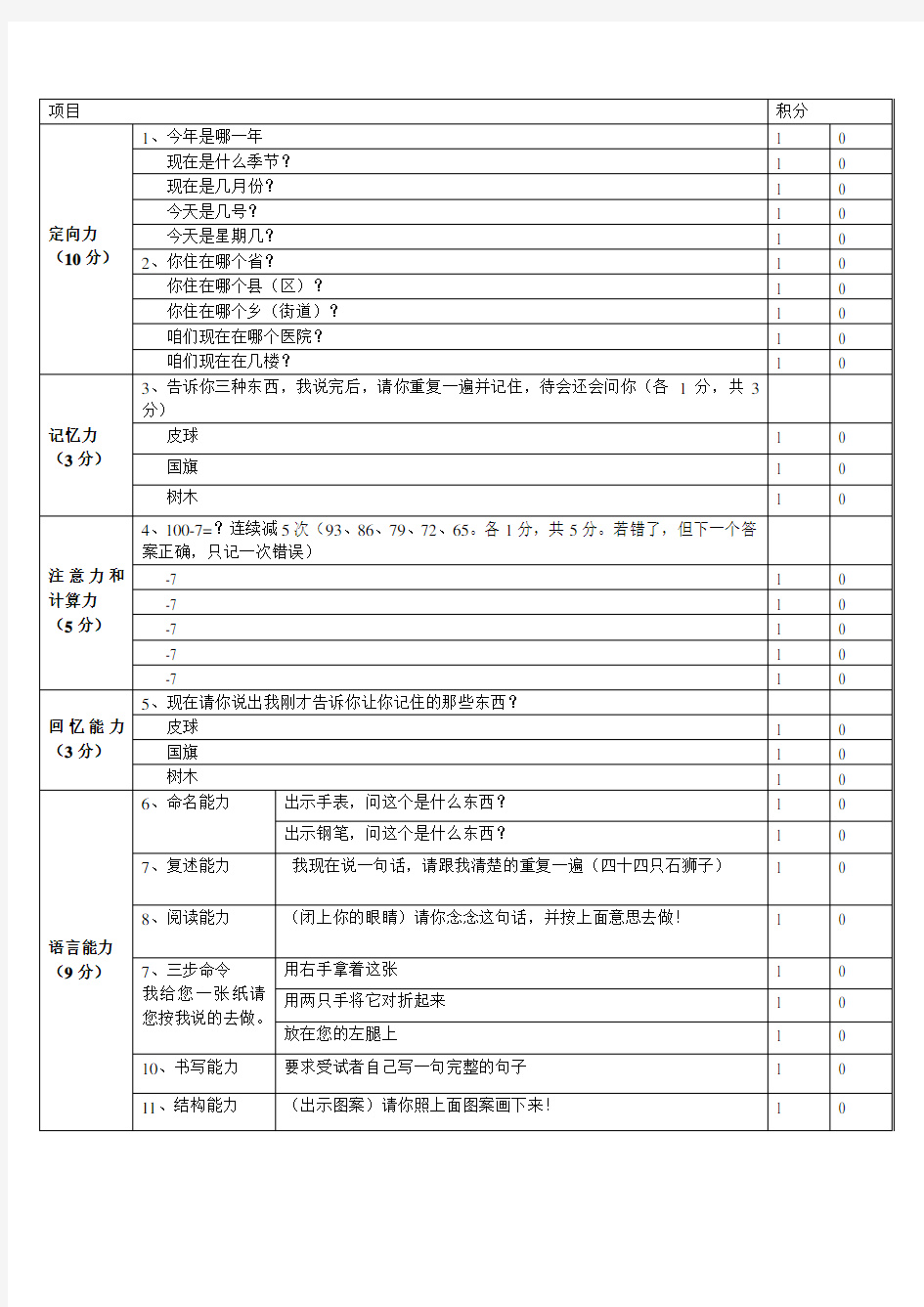 简易精神状态评价量表(MMSE)