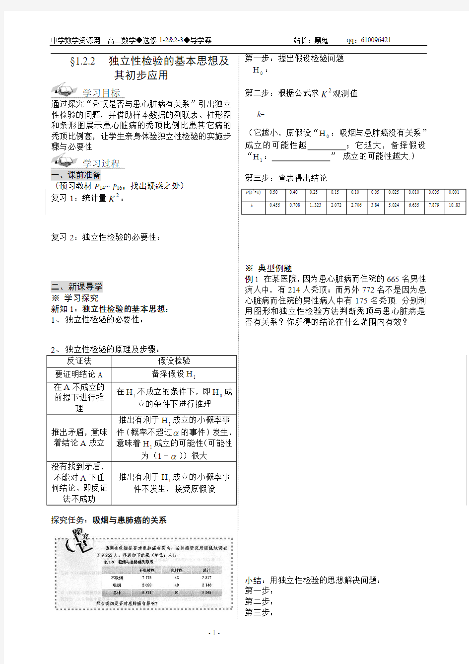 独立性检验的基本思想及其初步应用学案