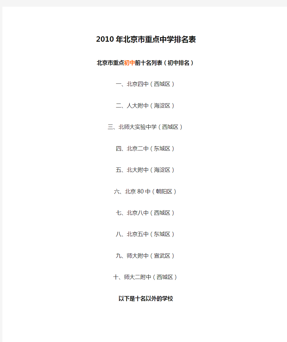 2010年北京市重点中学排名表