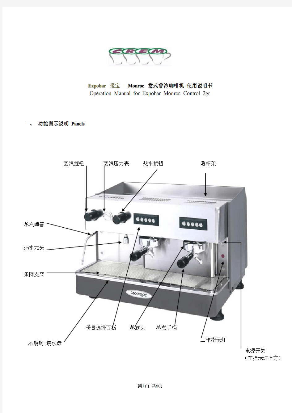 Monroc 意式香浓咖啡机 使用说明书