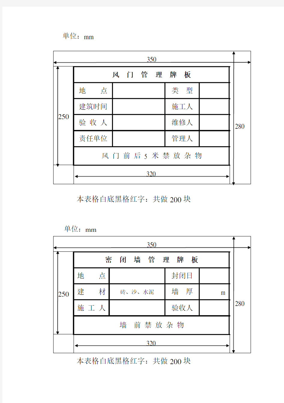 煤矿通防用各类管理牌板