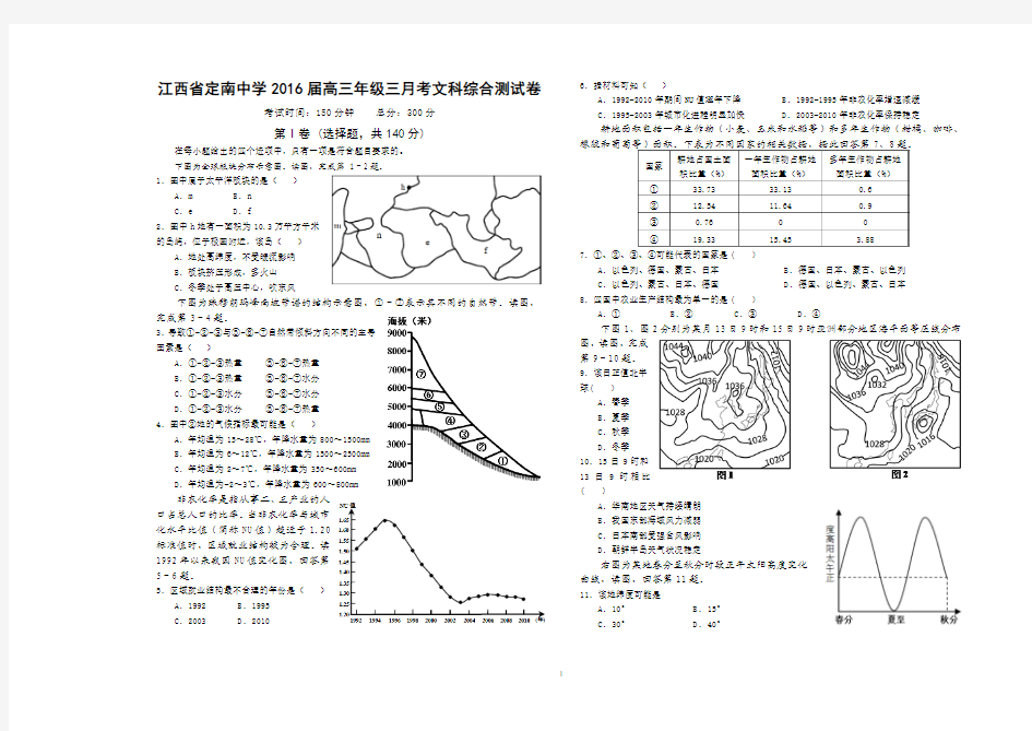 江西省定南中学2016届高三年级三月考文科综合测试卷