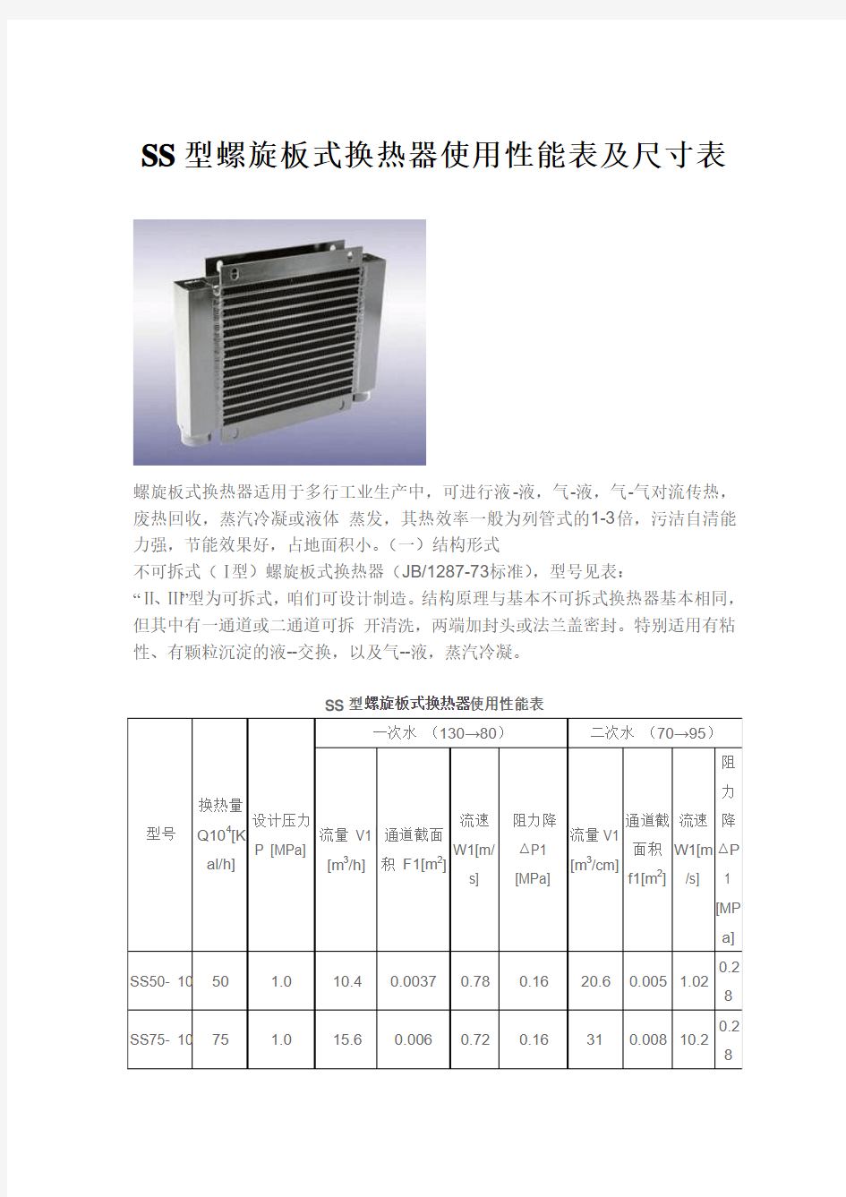 SS型螺旋板式换热器使用性能表及尺寸表