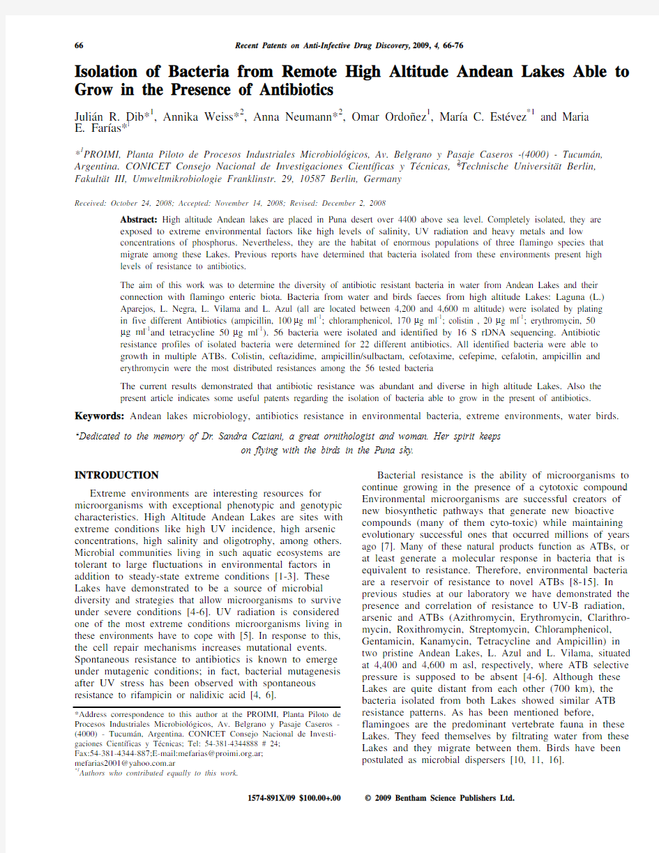 Isolation of Bacteria from Remote High Altitude Andean Lakes Able to