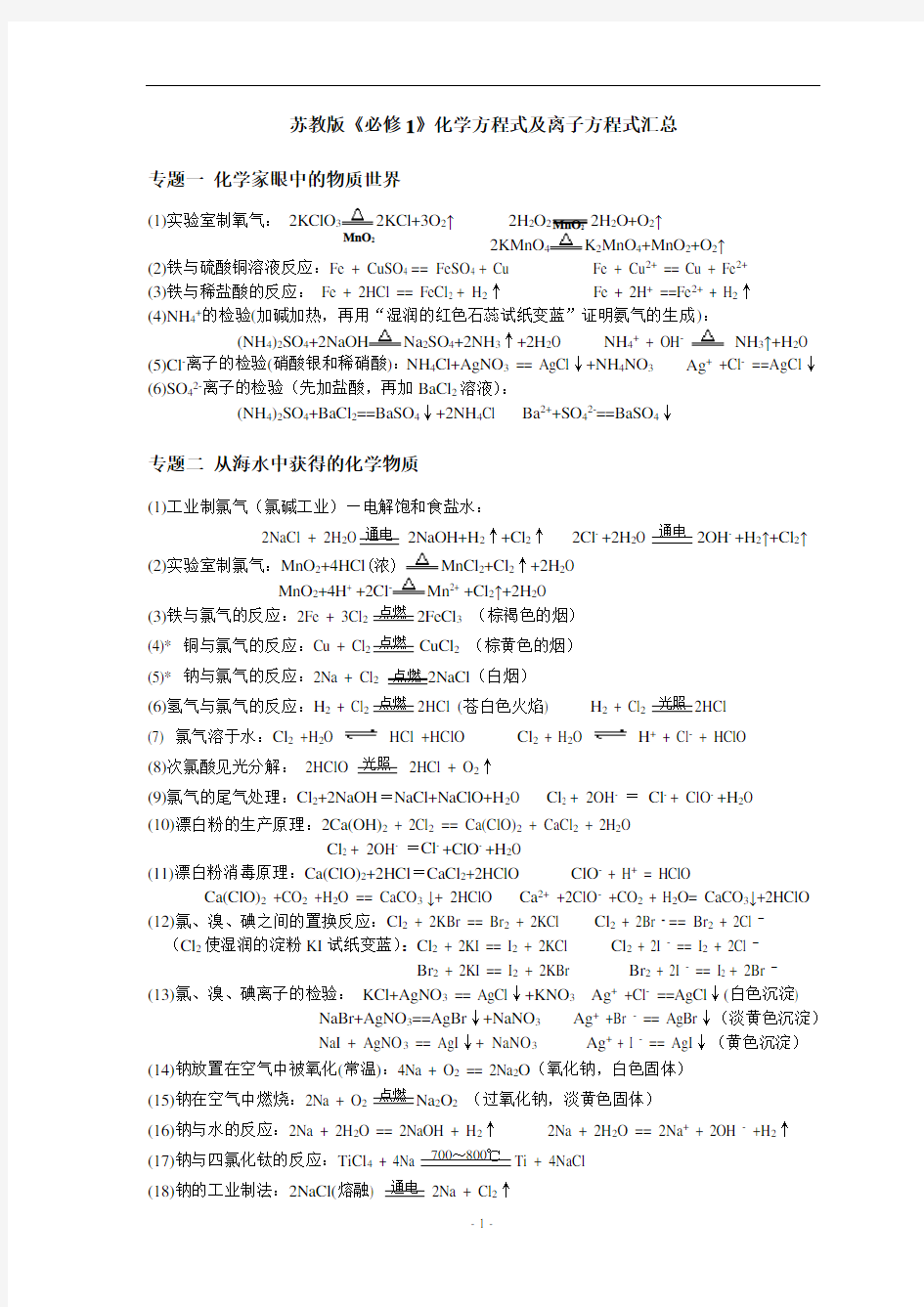 苏教版 必修一化学专题复习提纲《化学方程式及离子方程式》