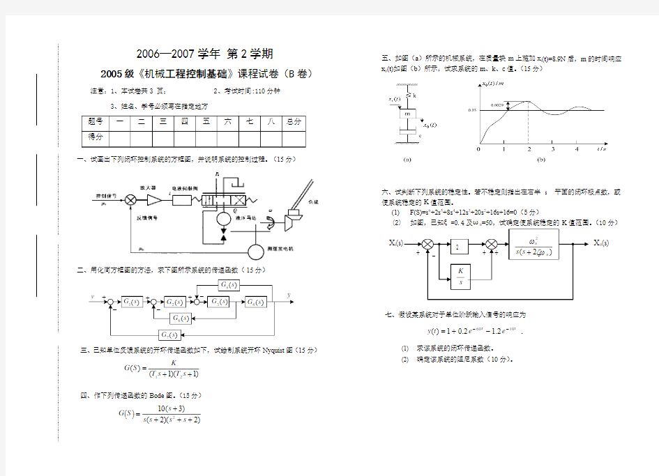 三峡大学2005级《机械工程控制基础》课程试卷(B卷)
