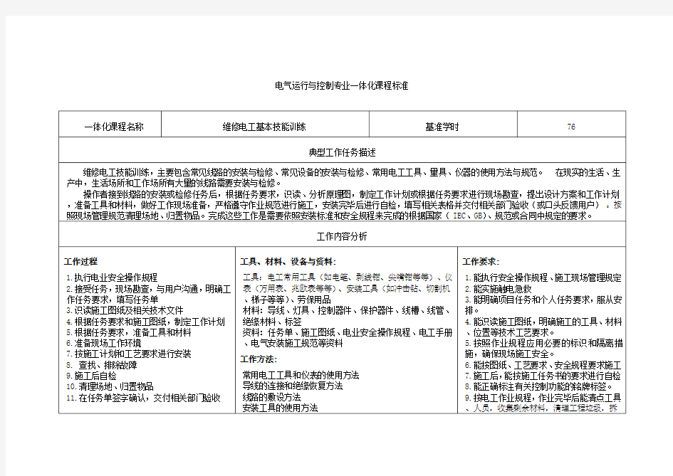 核心课程标准-《维修电工基本技能训练》