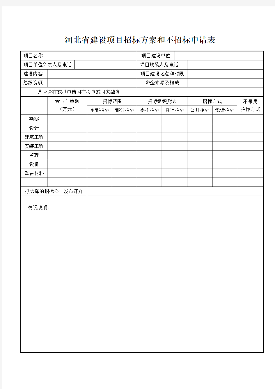 河北省建设项目招标方案和不招标申请表