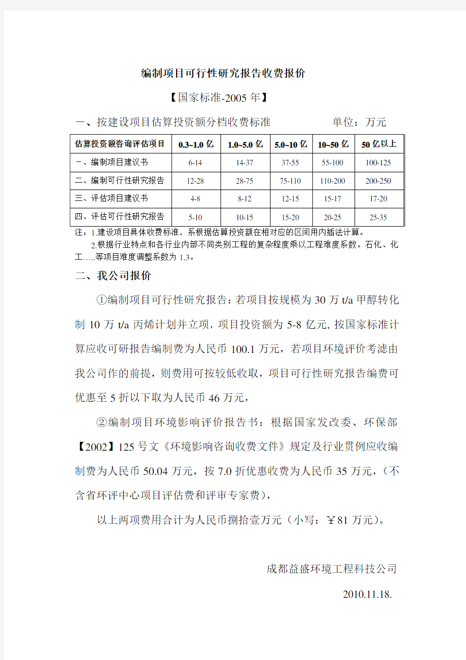 编制项目可行性研究报告收费报价