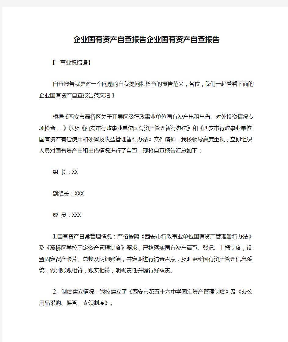 企业国有资产自查报告企业国有资产自查报告