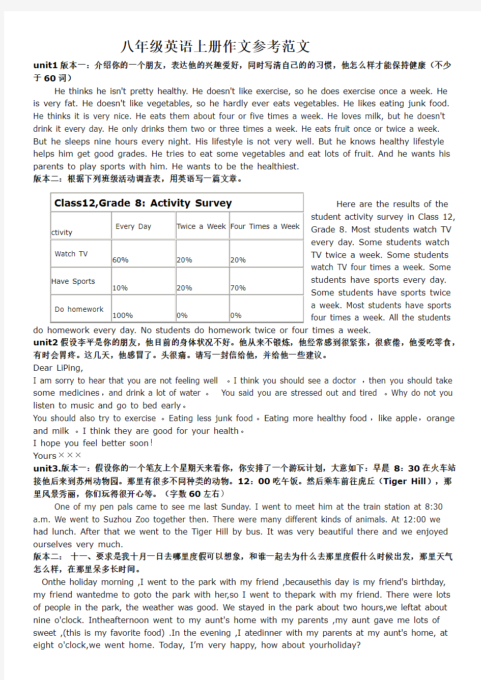 人教版八年级上册英语作文范文