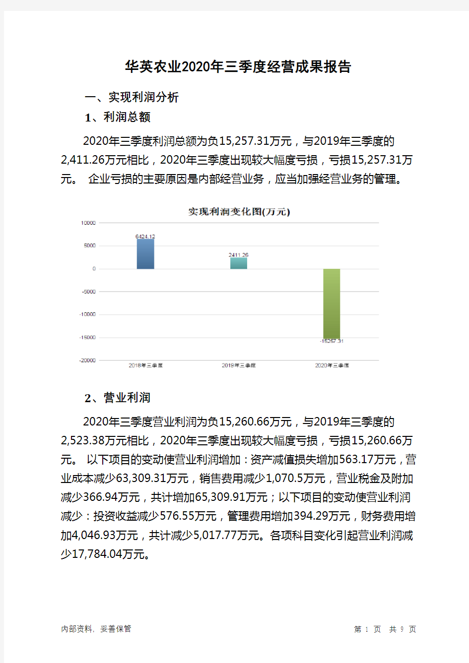 华英农业2020年三季度经营成果报告