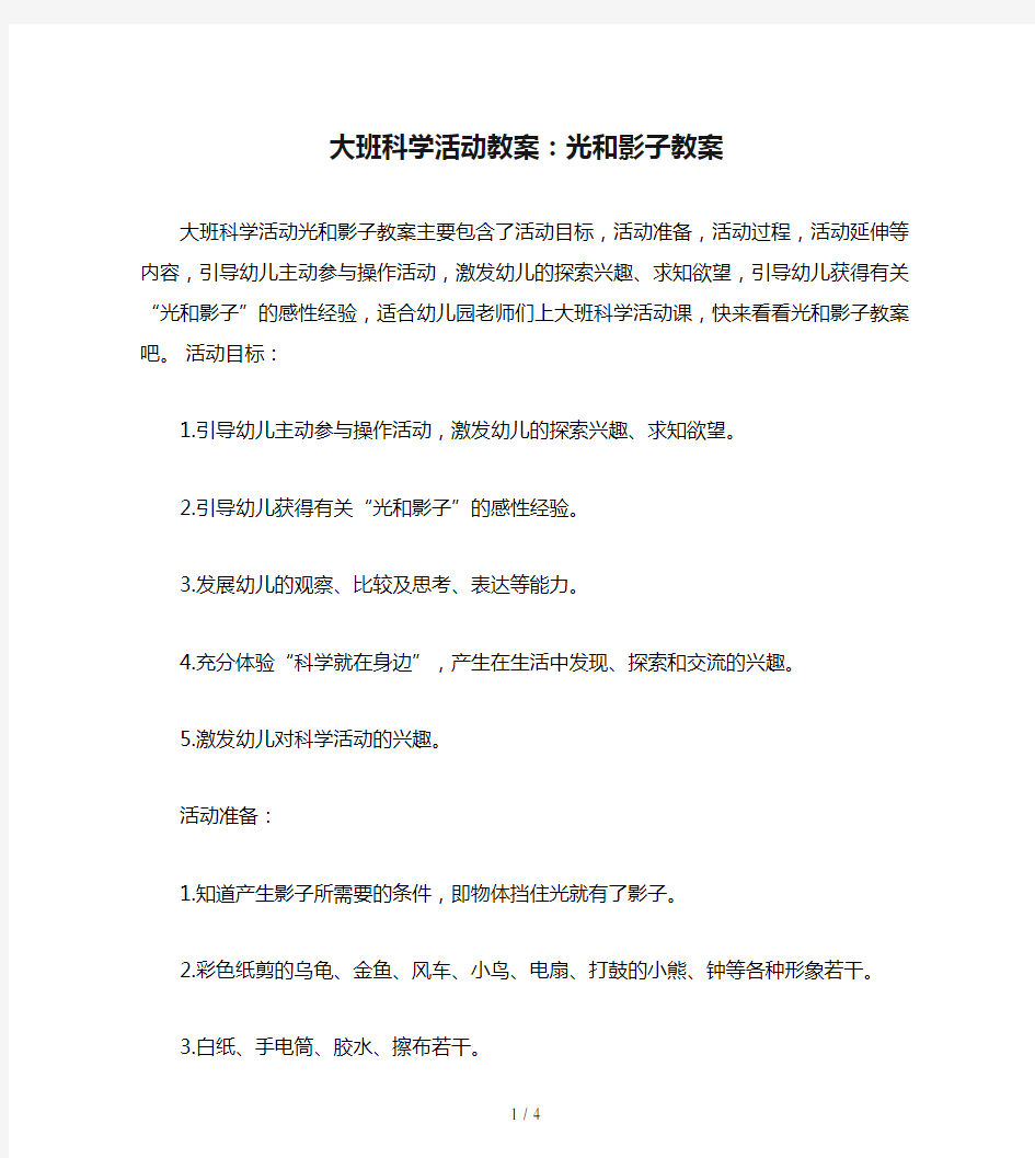 大班科学活动教案：光和影子教案