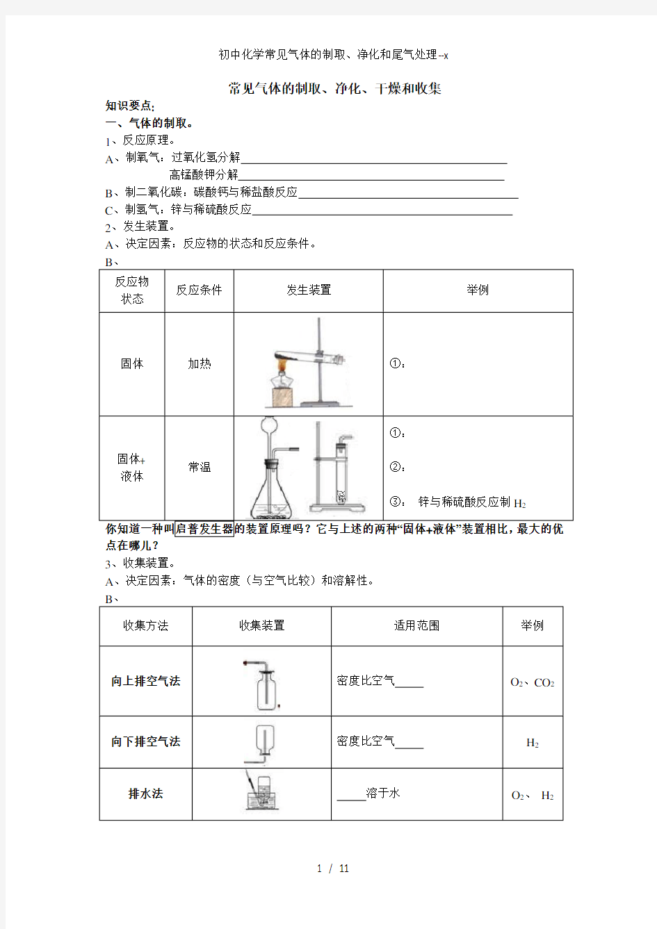 初中化学常见气体的制取、净化和尾气处理