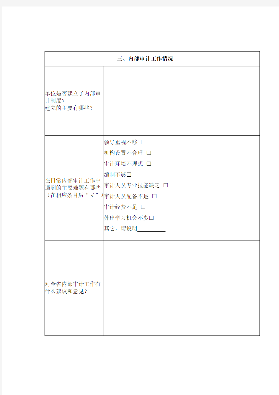 内部审计机构及内部审计人员情况调查表