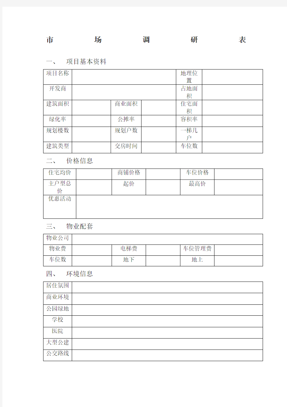 房地产市场调研表表格
