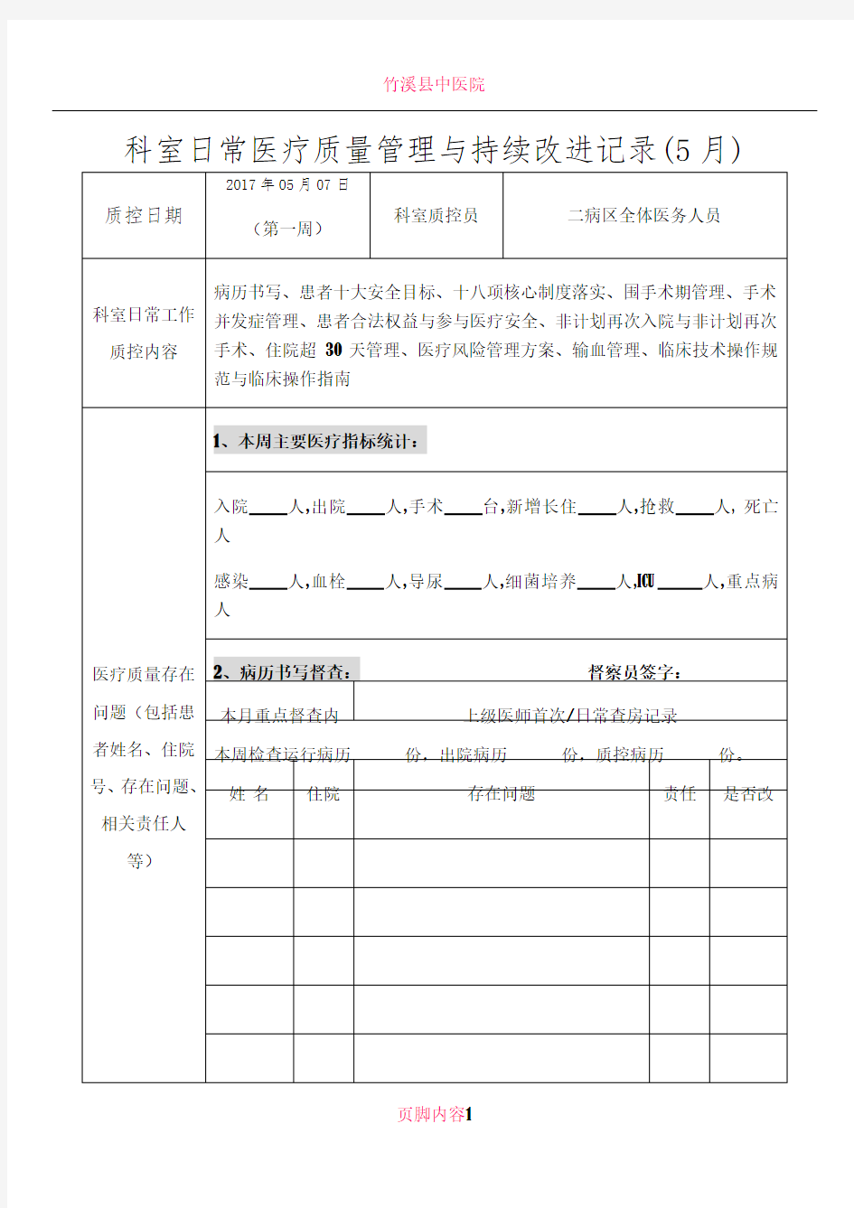 2017年医疗质控记录本