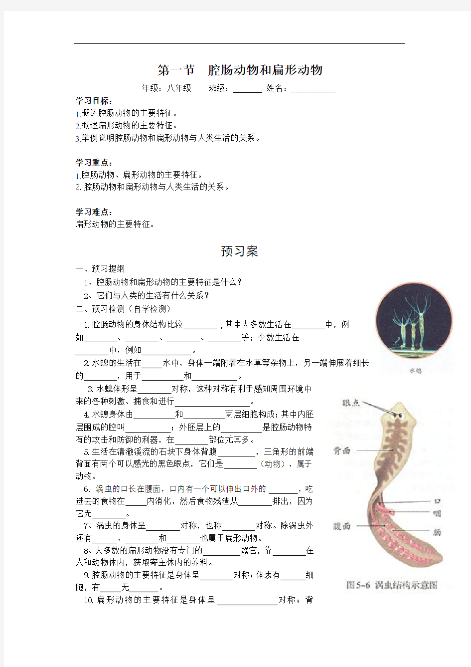 八年级生物上册 1.第一节  腔肠动物和扁形动物