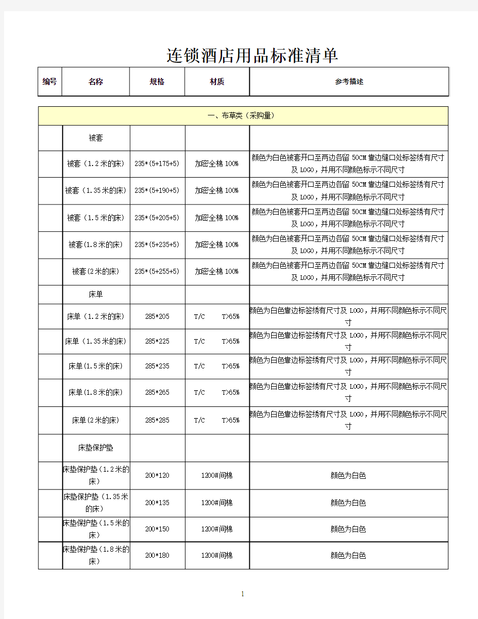 连锁酒店用品标准清单