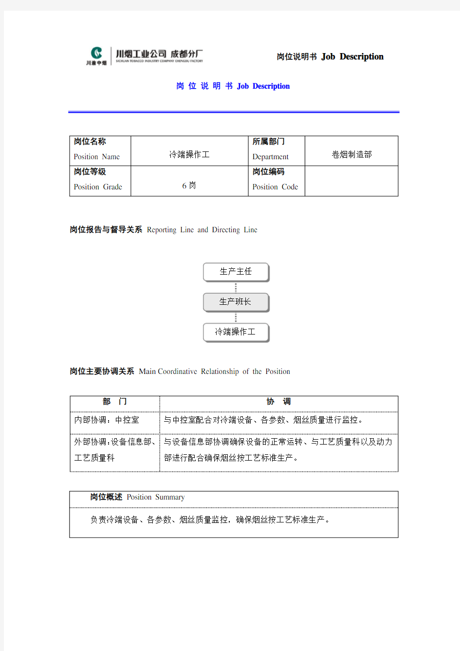 冷端操作工岗位说明书