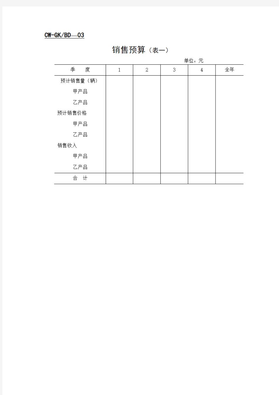 销售预算表格表格格式