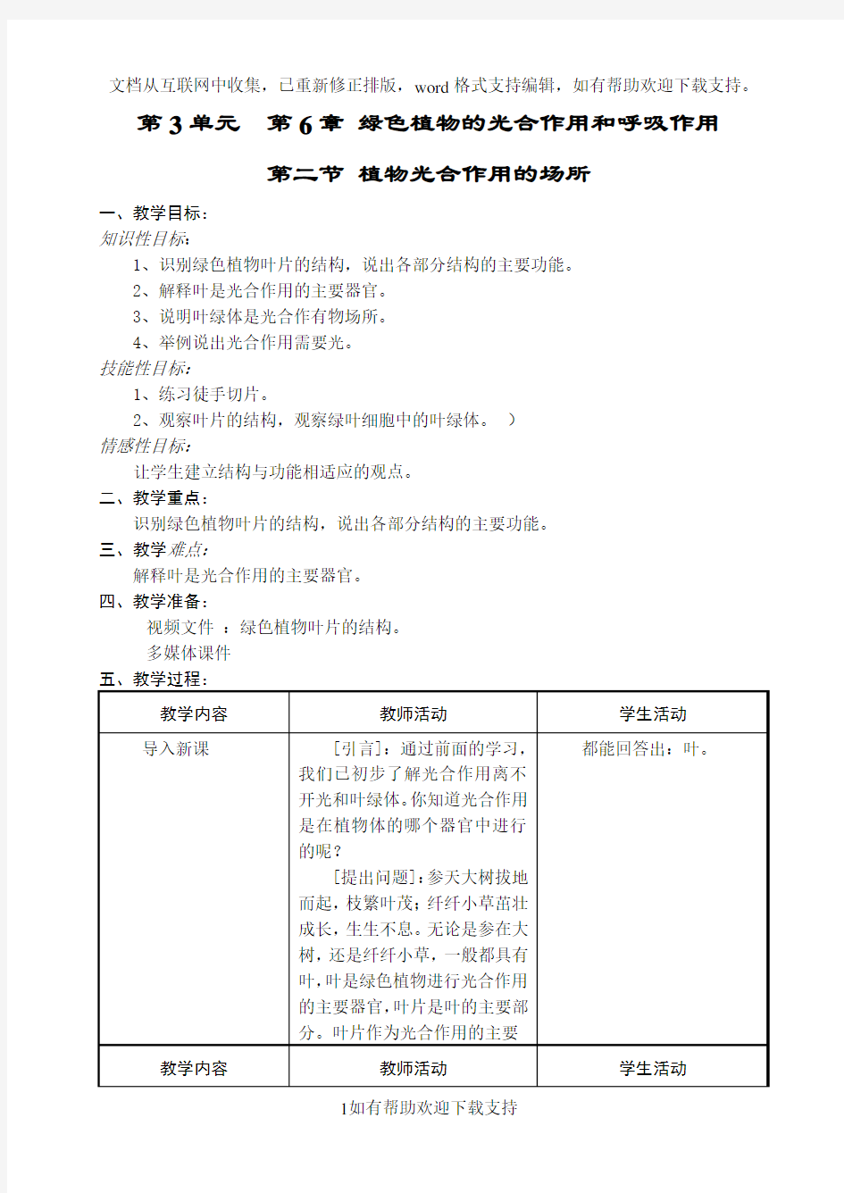 -植物光合作用的场所教案