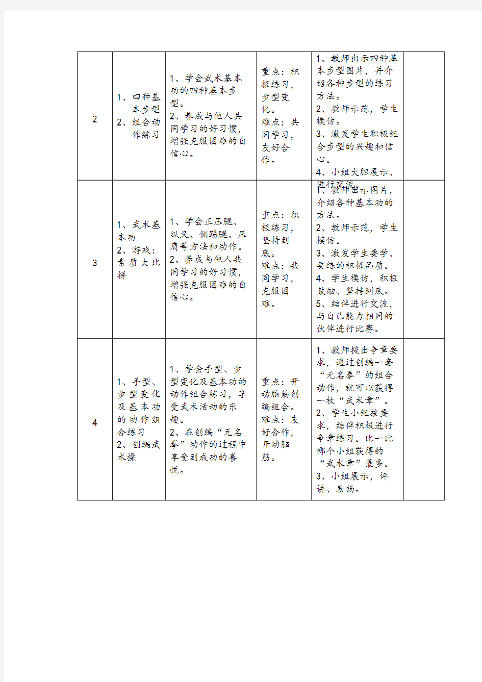 【武术】 单元教学计划