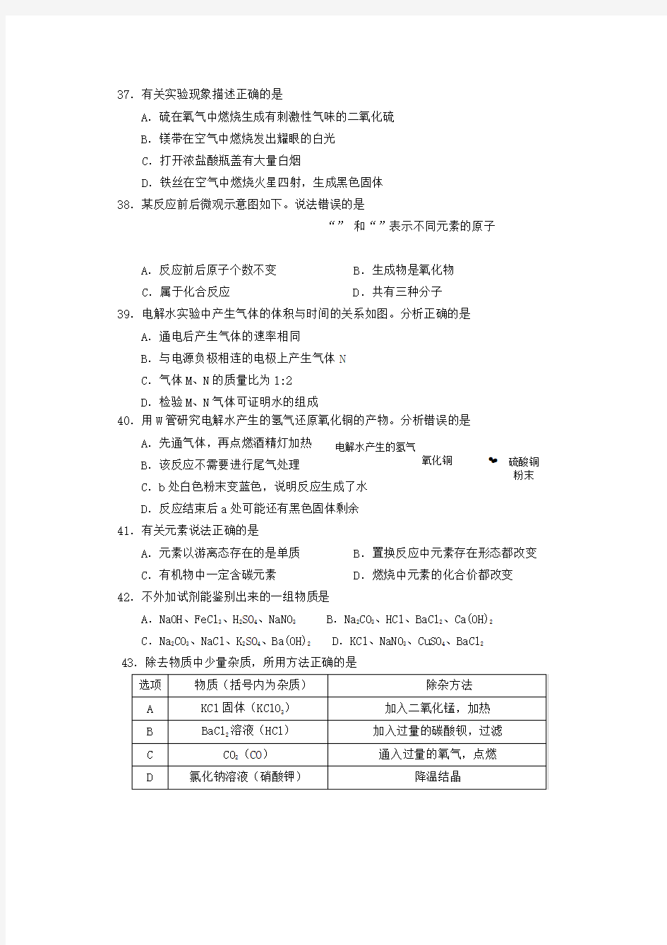 2018-学年上海市闵行区初三二模化学试卷及参考答案