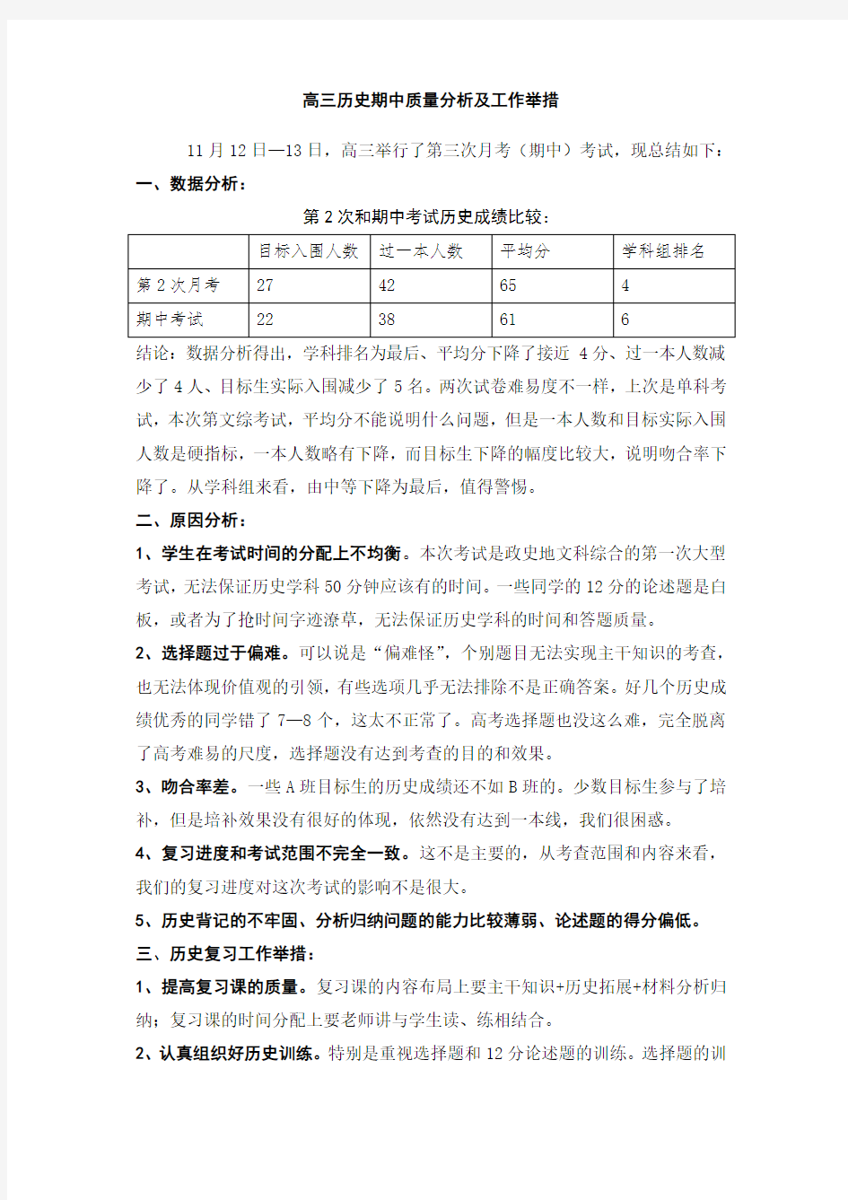 2019高三历史期中质量分析及工作举措